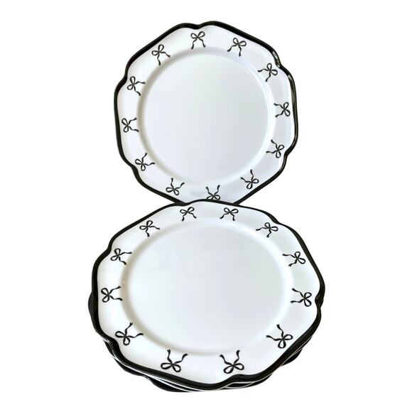 Shabby Chic Coquette BLACK Bow Melamine Dinner Plates 11in Set of 4 White New - Picture 1 of 15